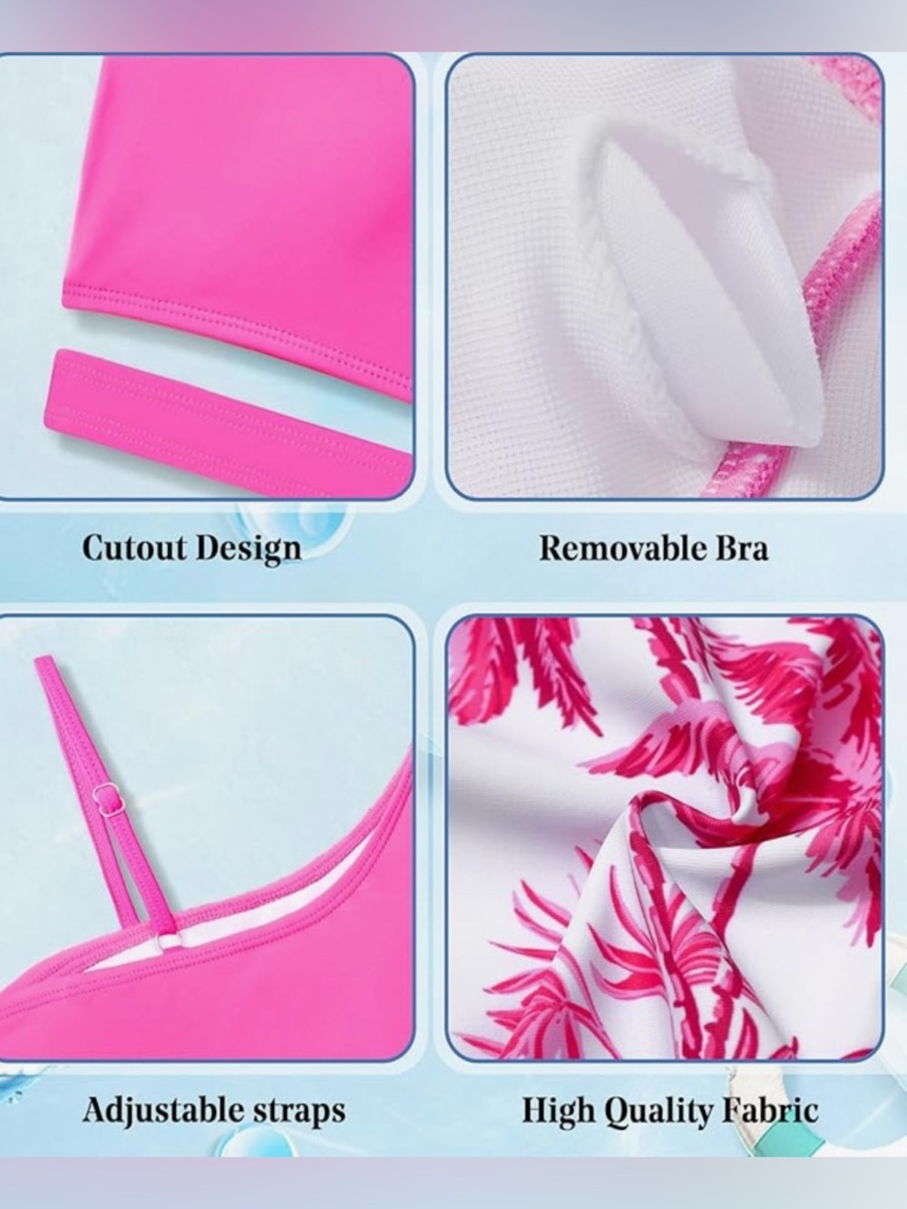 NEW- 13-14 Girls Pink One-Shoulder Cutout Bikini Top with Tropical Print Bottoms - Picture 5 of 8